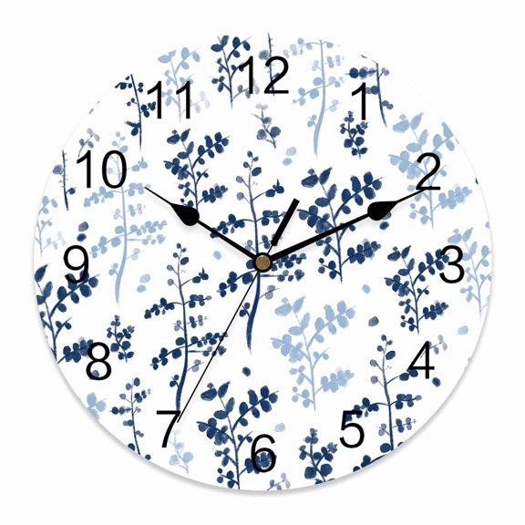 Wall Clock Blue Leaves Clocks PVC Silent Non-Ticking Battery Operated Decorative Farmhouse Leaf Branches Plants Round Clock for Home Living Room Kitchen Bedroom Office School Wall Decor 10 Inch