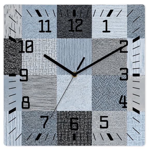 Wall Clock Blue Linen Squares Operated Square Clocks Wooden Silent Non-Ticking Wallclock 12 Inch Boho Woven Fabric Wood Wall Clock for Living Room Bedroom Office Shool Home Decor