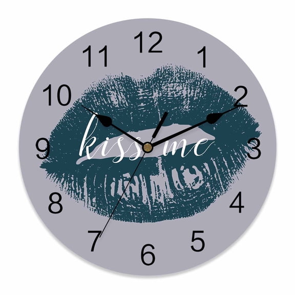 Wall Clock Blue Lipprint Clocks PVC Silent Non-Ticking Battery Operated Decorative Kiss Lip Grey Round Clock for Home Living Room Kitchen Bedroom Office School Wall Decor 10 Inch