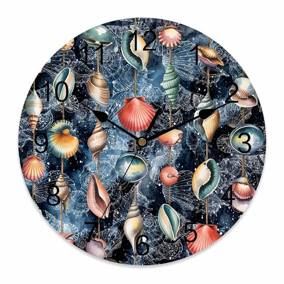 Wall Clock Blue Marine Life Clocks PVC Silent Non-Ticking Battery Operated Decorative Conch Sea Shell Ocean Round Clock for Home Living Room Kitchen Bedroom Office School Wall Decor 14 Inch