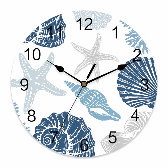 Wall Clock Blue Marine Life Clocks PVC Silent Non-Ticking Battery Operated Decorative Starfish Shell Conch Coral Round Clock for Home Living Room Kitchen Bedroom Office School Wall Decor 10 Inch