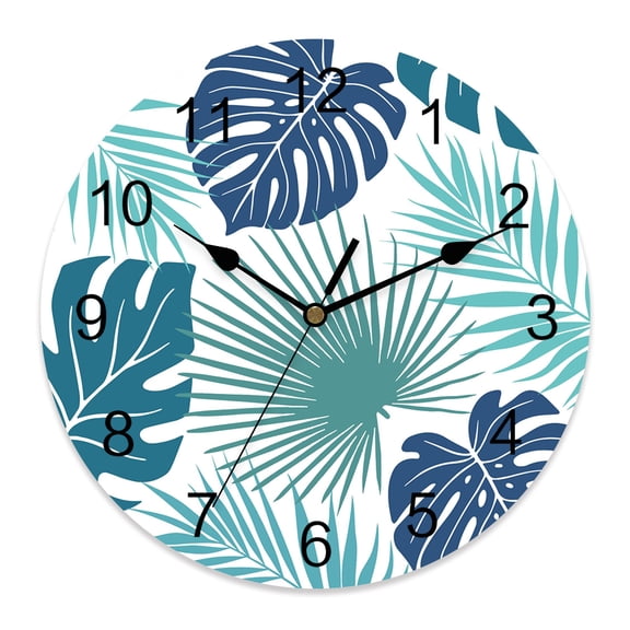 Wall Clock Blue Monstera Leaves Clocks PVC Silent Non-Ticking Battery Operated Decorative Tropical Leaf Exotic Plants Round Clock for Home Living Room Kitchen Bedroom Office Wall Decor 10 Inch