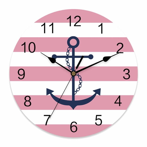 Wall Clock Blue Nautical Anchor Chain Clocks PVC Silent Non-Ticking Battery Operated Decorative Pink and White Stripes Round Clock for Home Living Room Kitchen Bedroom Office Wall Decor 10 Inch