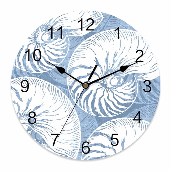 Wall Clock Blue Nautilus Shell Clocks PVC Silent Non-Ticking Battery Operated Decorative Ocean Conch Marine Life Round Clock for Home Living Room Kitchen Bedroom Office School Wall Decor 10 Inch
