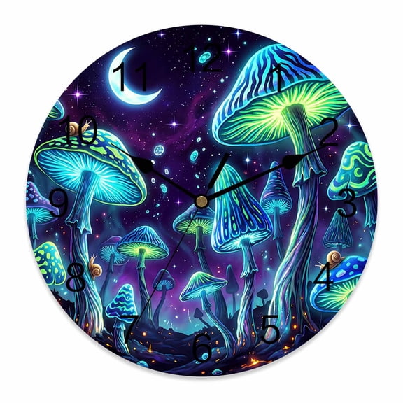 Wall Clock Blue Neon Mushrooms Clocks PVC Silent Non-Ticking Battery Operated Decorative Fantasy Shiny Moon Snails Round Clock for Home Living Room Kitchen Bedroom Office School Wall Decor 10 Inch