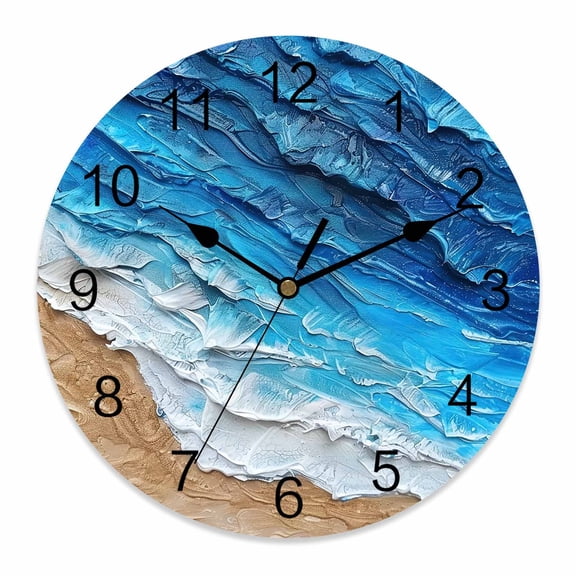 Wall Clock Blue Ocean Wave Clocks PVC Silent Non-Ticking Battery Operated Decorative Abstract Ombre Beach Round Clock for Home Living Room Kitchen Bedroom Office School Wall Decor 10 Inch