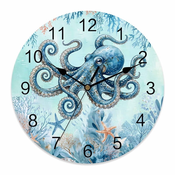 Wall Clock Blue Octopus Clocks PVC Silent Non-Ticking Battery Operated Decorative Ocean Starfish Coral Shell Round Clock for Home Living Room Kitchen Bedroom Office School Wall Decor 10 Inch