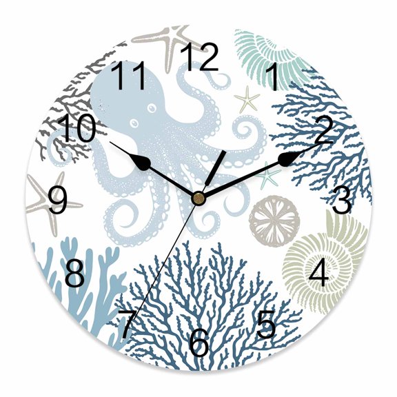 Wall Clock Blue Octopus Clocks PVC Silent Non-Ticking Battery Operated Decorative Teal Coral Starfish Shell Round Clock for Home Living Room Kitchen Bedroom Office School Wall Decor 10 Inch
