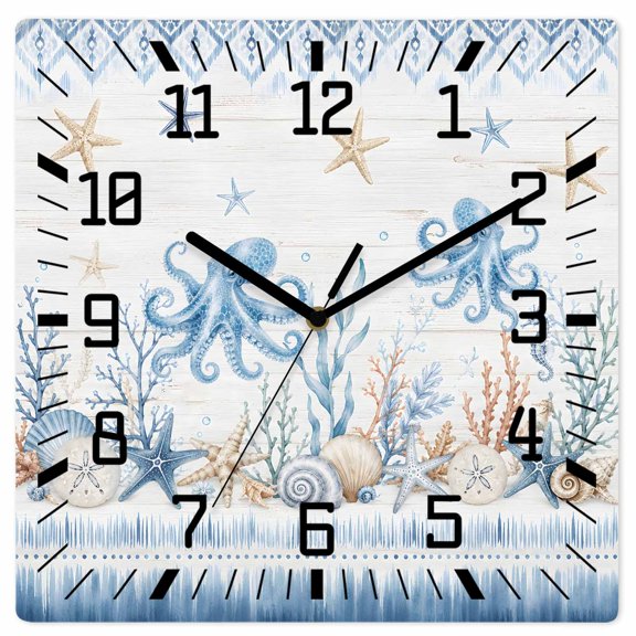 Wall Clock Blue Octopus Operated Square Clocks Wooden Silent Non-Ticking Wallclock 10 Inch Coastal Starfish Coral Shell Conch Wood Wall Clock for Living Room Bedroom Office Shool Home Decor
