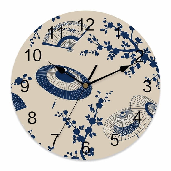 Wall Clock Blue Paper Fan Clocks PVC Silent Non-Ticking Battery Operated Decorative Cherry Blossom Branch Japanese Style Round Clock for Home Living Room Kitchen Bedroom Office Wall Decor 10 Inch