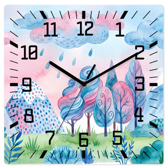 Wall Clock Blue Pink Could Rain Drop Operated Square Clocks Wooden Silent Non-Ticking Wallclock 10 Inch Forest Tree Mountain Wood Wall Clock for Living Room Bedroom Office Shool Home Decor