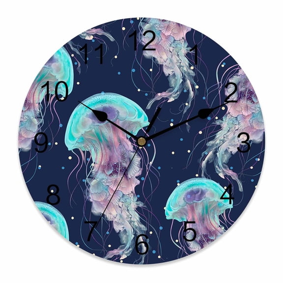 Wall Clock Blue Purple Jellyfish Clocks PVC Silent Non-Ticking Battery Operated Decorative Coastal Ocean Bubbles Round Clock for Home Living Room Kitchen Bedroom Office School Wall Decor 10 Inch