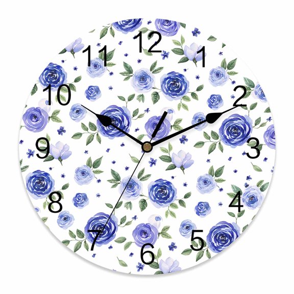 Wall Clock Blue Rose Clocks PVC Silent Non-Ticking Battery Operated Decorative Watercolor Farm Flower Round Clock for Home Living Room Kitchen Bedroom Office School Wall Decor 10 Inch