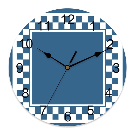 Wall Clock Blue Squares Clocks PVC Silent Non-Ticking Battery Operated Decorative Modern Block Checkered Border Round Clock for Home Living Room Kitchen Bedroom Office School Wall Decor 10 Inch