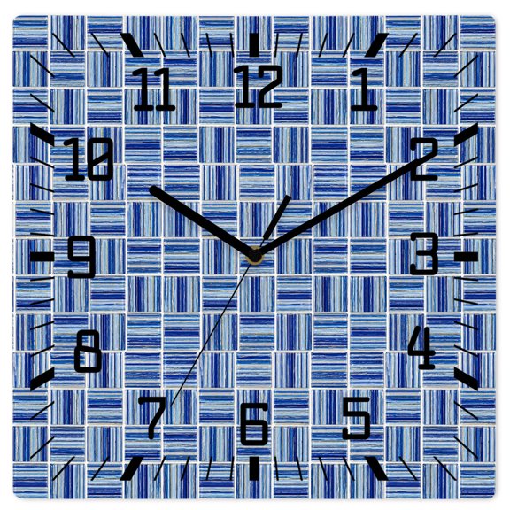 Wall Clock Blue Stripes Blocks Operated Square Clocks Wooden Silent Non-Ticking Wallclock 12 Inch Linear Striped Mosaic Wood Wall Clock for Living Room Bedroom Office Shool Home Decor
