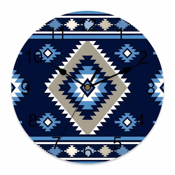 Wall Clock Blue Tribal Geometric Clocks PVC Silent Non-Ticking Battery Operated Decorative Boho Vintage Native Abstract Round Clock for Home Living Room Kitchen Bedroom Office Wall Decor 10 Inch