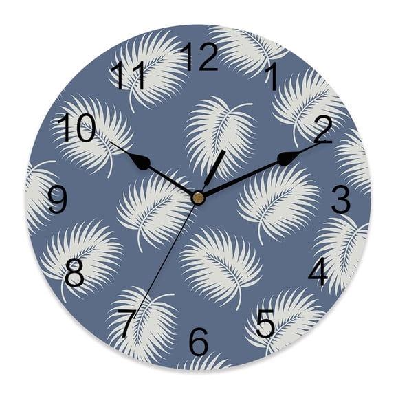 Wall Clock Blue Tropical Leaves Clocks PVC Silent Non-Ticking Battery Operated Decorative Palm Fronds Leaf Round Clock for Home Living Room Kitchen Bedroom Office School Wall Decor 10 Inch