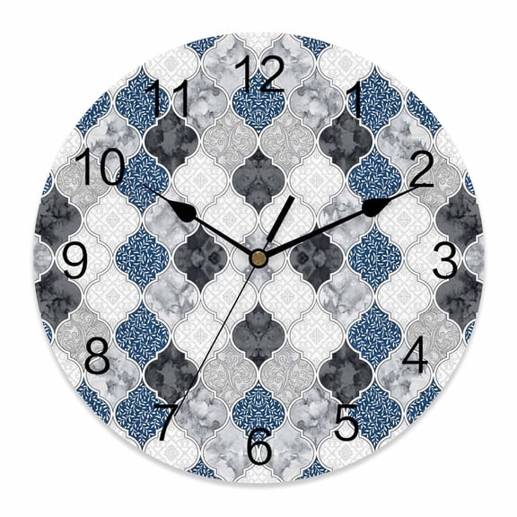 Wall Clock Blue Turquoise Damask Pattern Clocks PVC Silent Non-Ticking Battery Operated Lace Tile Framework Round Clock for Home Living Room Kitchen Bedroom Office School Wall Decor 10 Inch