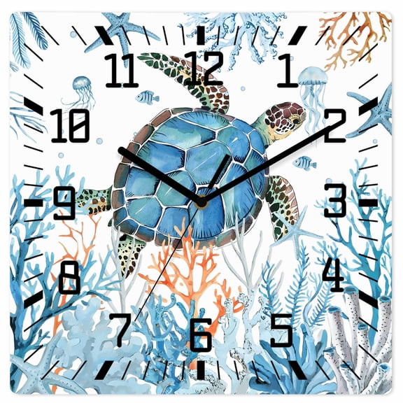 Wall Clock Blue Turtle Operated Square Clocks Wooden Silent Non-Ticking Wallclock 10 Inch Cora Marine Life Fish Seagrass Wood Wall Clock for Living Room Bedroom Office Shool Home Decor