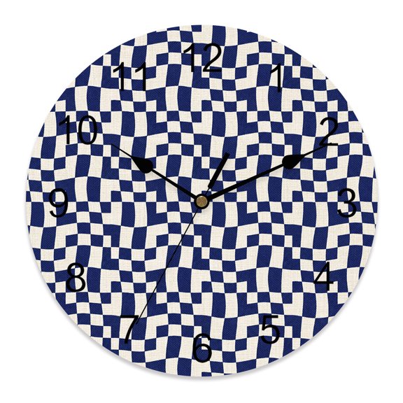 Wall Clock Blue Wavy Check Grid Clocks PVC Silent Non-Ticking Battery Operated Decorative Modern Distorted Blocks Round Clock for Home Living Room Kitchen Bedroom Office School Wall Decor 14 Inch