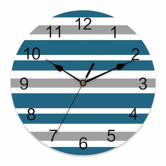 Wall Clock Blue, White and Grey Stripes Clocks PVC Silent Non-Ticking Battery Operated Decorative Striped Pattern Round Clock for Home Living Room Kitchen Bedroom Office School Wall Decor 10 Inch