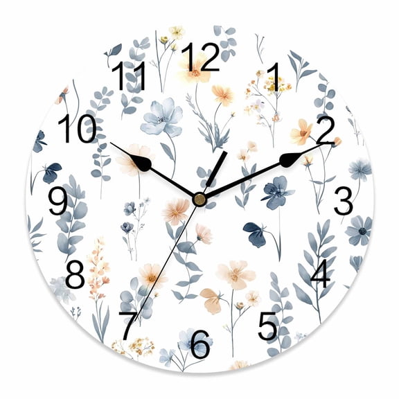 Wall Clock Blue Wildflowers Clocks PVC Silent Non-Ticking Battery Operated Decorative Spring Floral Leaves Round Clock for Home Living Room Kitchen Bedroom Office School Wall Decor 10 Inch