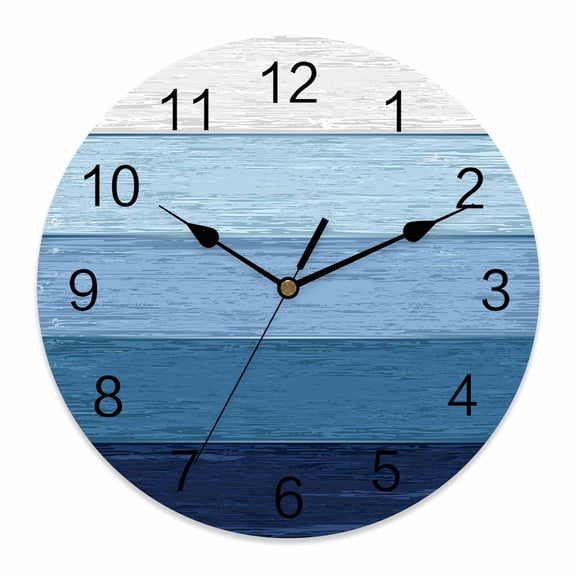 Wall Clock Blue Wood Grain Clocks PVC Silent Non-Ticking Battery Operated Decorative Rustic Ombre Wooden Stripes Round Clock for Home Living Room Kitchen Bedroom Office School Wall Decor 10 Inch