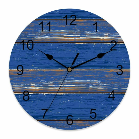 Wall Clock Blue Wood Grain Clocks PVC Silent Non-Ticking Battery Operated Decorative Rustic Retro Wooden Plank Round Clock for Home Living Room Kitchen Bedroom Office School Wall Decor 10 Inch