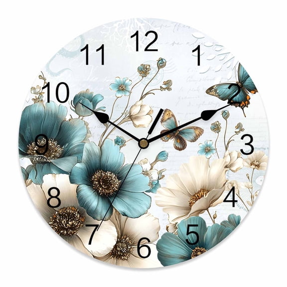Wall Clock BlueTulip Clocks PVC Silent Non-Ticking Battery Operated Decorative Butterfly Farmhouses Floral Round Clock for Home Living Room Kitchen Bedroom Office School Wall Decor 10 Inch