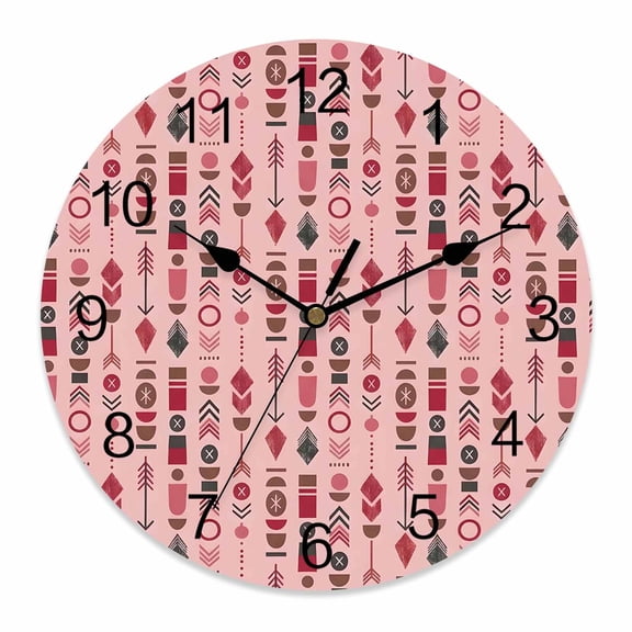 Wall Clock Bohemian Vertical Totems Clocks PVC Silent Non-Ticking Battery Operated Decorative Pink Tribal Stripes Round Clock for Home Living Room Kitchen Bedroom Office School Wall Decor 10 Inch
