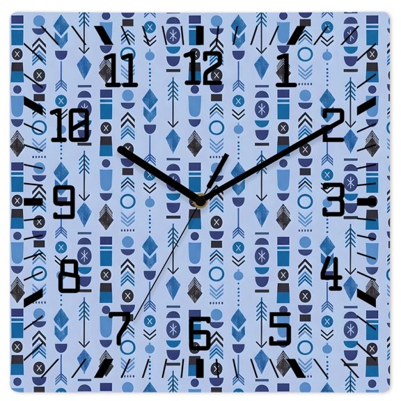 Wall Clock Bohemian Vertical Totems Operated Square Clocks Wooden Silent Non-Ticking Wallclock 10 Inch Blue Tribal Stripes Wood Wall Clock for Living Room Bedroom Office Shool Home Decor