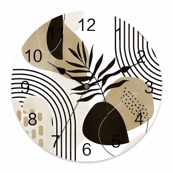 Wall Clock Boho Abstract Mid Century Clocks PVC Silent Non-Ticking Battery Operated Brown Modern Geometric Leaf Round Clock for Home Living Room Kitchen Bedroom Office School Wall Decor 10 Inch