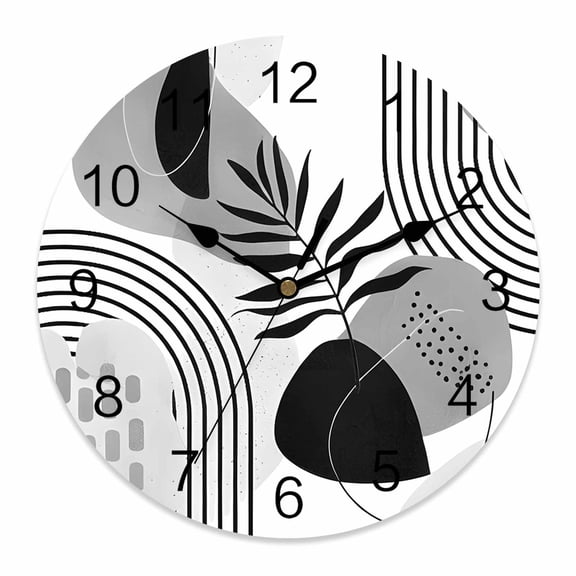 Wall Clock Boho Abstract Mid Century Clocks PVC Silent Non-Ticking Battery Operated Grey Modern Geometric Leaf Round Clock for Home Living Room Kitchen Bedroom Office School Wall Decor 10 Inch