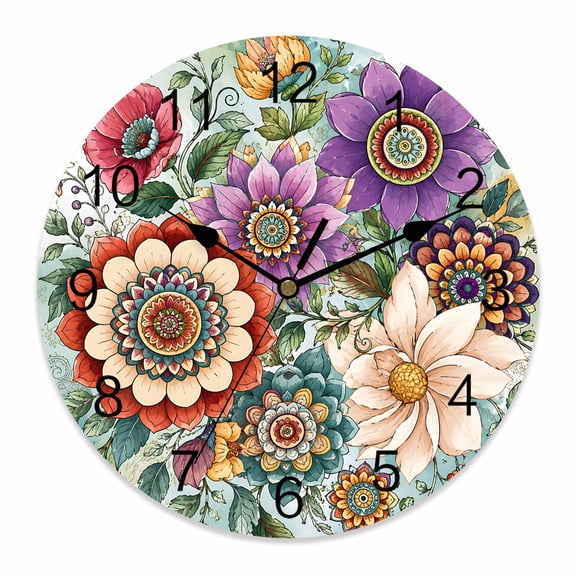 Wall Clock Boho Bloom Floral Clocks PVC Silent Non-Ticking Battery Operated Decorative Pony Dahlias Mandalas Flower Round Clock for Home Living Room Kitchen Bedroom Office School Wall Decor 10 Inch