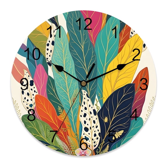 Wall Clock Boho Leaves Clocks PVC Silent Non-Ticking Battery Operated Decorative Bohemian Gold Vein Tropical Leaf Round Clock for Home Living Room Kitchen Bedroom Office School Wall Decor 12 Inch