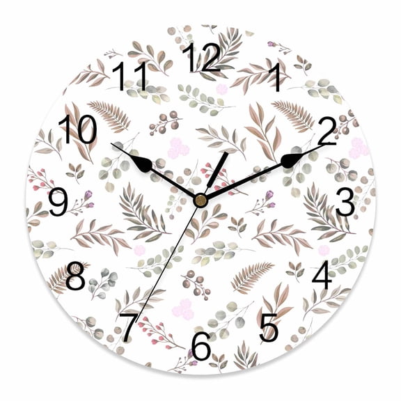 Wall Clock Brown Berry Leaves Clocks PVC Silent Non-Ticking Battery Operated Decorative Pastoral Floral Herb Plant Round Clock for Home Living Room Kitchen Bedroom Office School Wall Decor 10 Inch