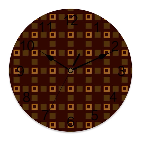 Wall Clock Brown Blocks Squares Clocks PVC Silent Non-Ticking Battery Operated Decorative Modern Geometric Plaid Round Clock for Home Living Room Kitchen Bedroom Office School Wall Decor 10 Inch