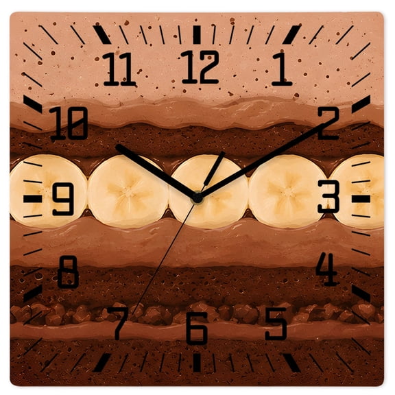 Wall Clock Brown Chocolate Cake Operated Square Clocks Wooden Silent Non-Ticking Wallclock 10 Inch Delicious Cream Dessert Wood Wall Clock for Living Room Bedroom Office Shool Home Decor