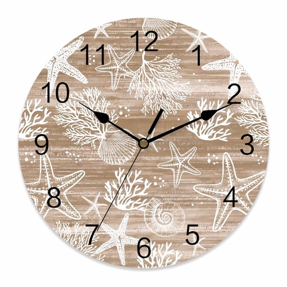 Wall Clock Brown Coral Starfish Clocks PVC Silent Non-Ticking Battery Operated Decorative Ocean Shell Marine Life Round Clock for Home Living Room Kitchen Bedroom Office School Wall Decor 10 Inch