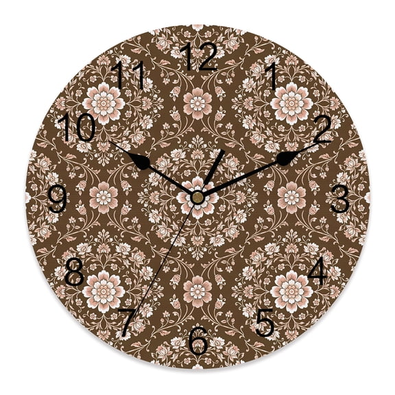 Wall Clock Brown Damask Flower Clocks PVC Silent Non-Ticking Battery Operated Decorative Luxury Baroque Floral Bloom Round Clock for Home Living Room Kitchen Bedroom Office School Wall Decor 10 Inch