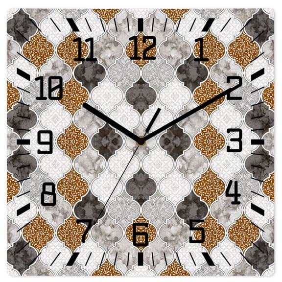 Wall Clock Brown Damask Pattern Operated Square Clocks Wooden Silent Non-Ticking Wallclock 10 Inch Lace Tile Framework Wood Wall Clock for Living Room Bedroom Office Shool Home Decor
