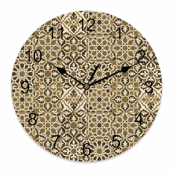 Wall Clock Brown Floral Block Clocks PVC Silent Non-Ticking Battery Operated Decorative Geometric Morocco Art Round Clock for Home Living Room Kitchen Bedroom Office School Wall Decor 10 Inch