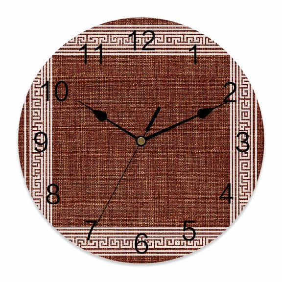 Wall Clock Brown Linen Key Design Clocks PVC Silent Non-Ticking Battery Operated Decorative Geometric Back Pattern Round Clock for Home Living Room Kitchen Bedroom Office School Wall Decor 10 Inch