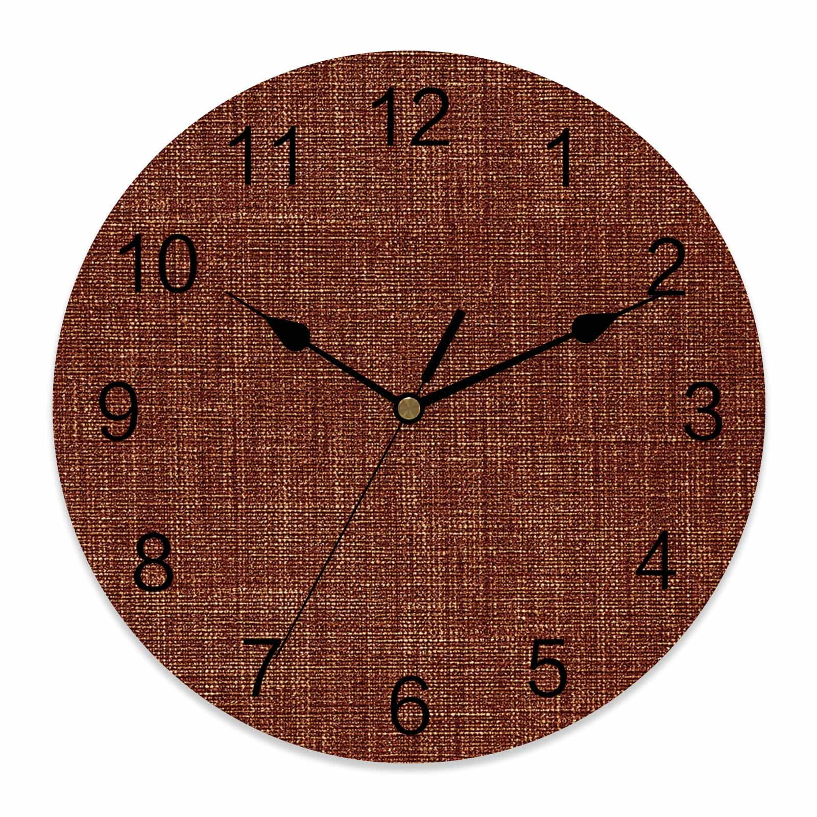 Wall Clock Brown Linen Texture Clocks PVC Silent Non-Ticking Battery ...