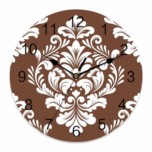 Wall Clock Brown Luxurious Floral Clocks PVC Silent Non-Ticking Battery Operated Decorative Classic Abstract Art Round Clock for Home Living Room Kitchen Bedroom Office School Wall Decor 10 Inch