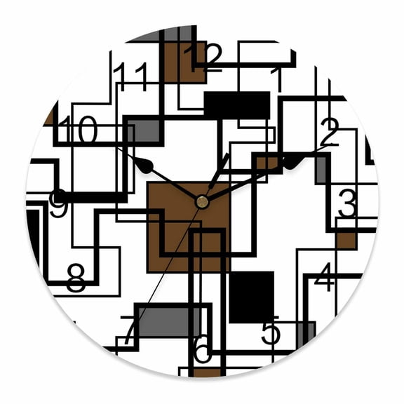 Wall Clock Brown Modern Geometric Clocks PVC Silent Non-Ticking Battery Operated Decorative Abstract Lines Squares Round Clock for Home Living Room Kitchen Bedroom Office School Wall Decor 10 Inch