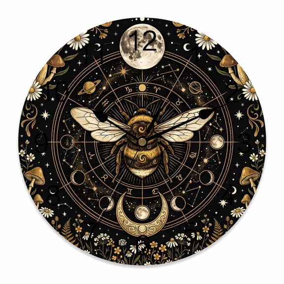Wall Clock Brown Star Moon Bee Clocks PVC Silent Non-Ticking Battery Operated Decorative Boho Mushroom Daisy Round Clock for Home Living Room Kitchen Bedroom Office School Wall Decor 14 Inch