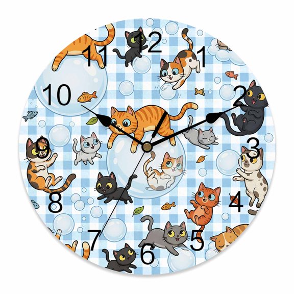 Wall Clock Bubble Cute Cat Clocks PVC Silent Non-Ticking Battery Operated Decorative Playing Animal Catty Fish Round Clock for Home Living Room Kitchen Bedroom Office School Wall Decor 10 Inch