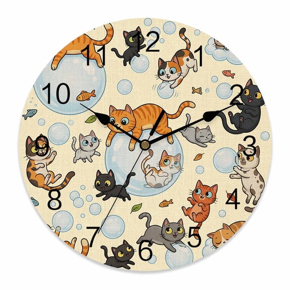 Wall Clock Bubble Cute Cat Clocks PVC Silent Non-Ticking Battery Operated Yellow Playing Animal Catty Fish Round Clock for Home Living Room Kitchen Bedroom Office School Wall Decor 10 Inch
