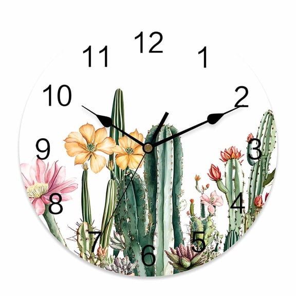 Wall Clock Cactus Clocks PVC Silent Non-Ticking Battery Operated Decorative Flower Tropical Plant Round Clock for Home Living Room Kitchen Bedroom Office School Wall Decor 10 Inch